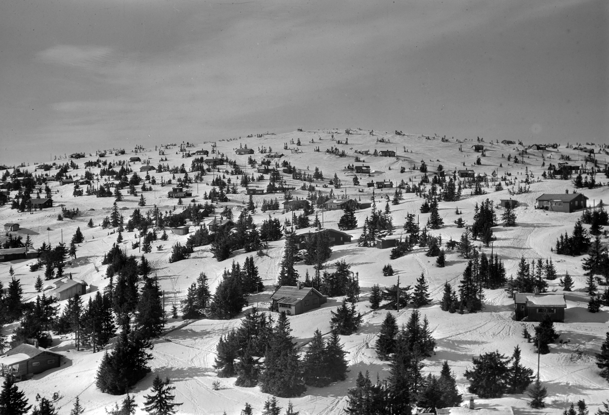 Widerøes Flyveselskap A/S, Flyfoto av bebyggelse i vinterlandskap på Sjusjøen, Ringsaker Almenning.