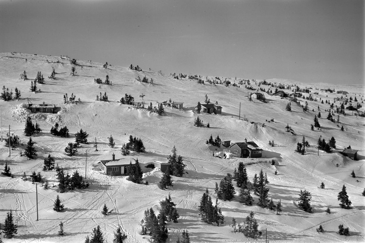 Widerøes Flyveselskap A/S, Flyfoto av bebyggelse i vinterlandskap på Sjusjøen, Ringsaker Almenning.