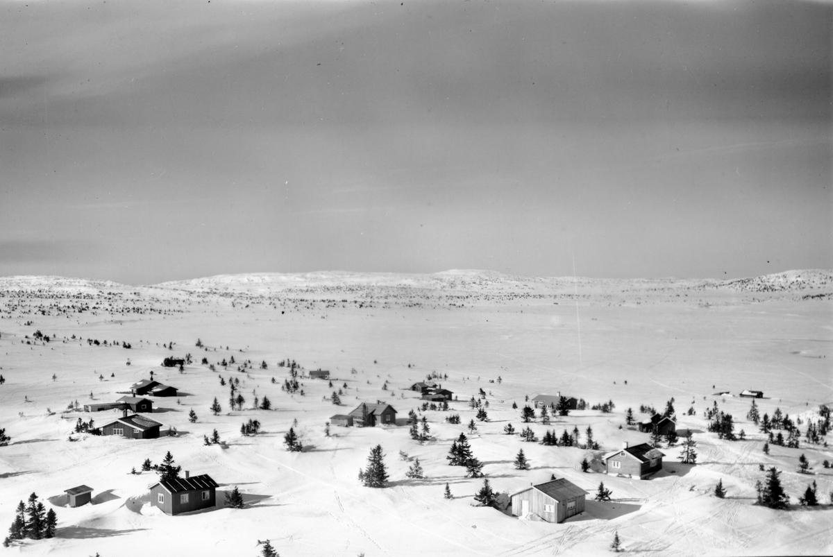 Widerøes Flyveselskap A/S, Flyfoto av bebyggelse i vinterlandskap på Sjusjøen, Ringsaker Almenning.