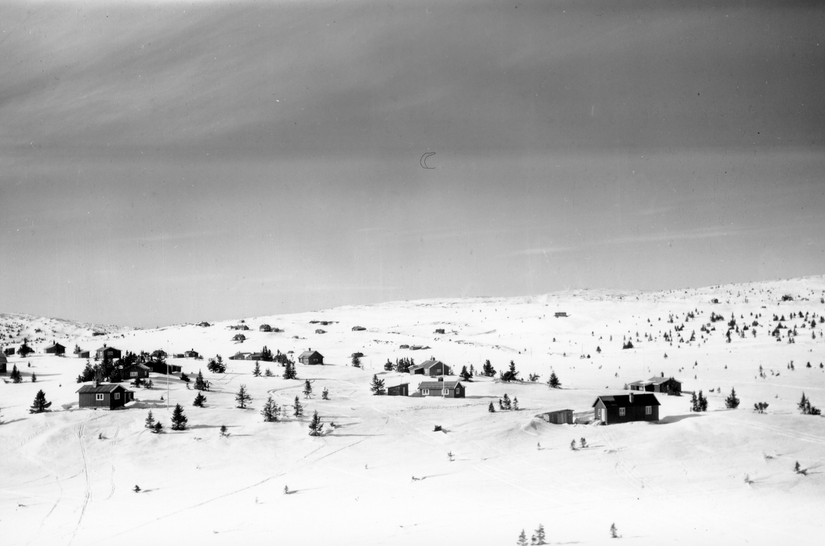 Widerøes Flyveselskap A/S, Flyfoto av bebyggelse i vinterlandskap på Sjusjøen, Ringsaker Almenning.