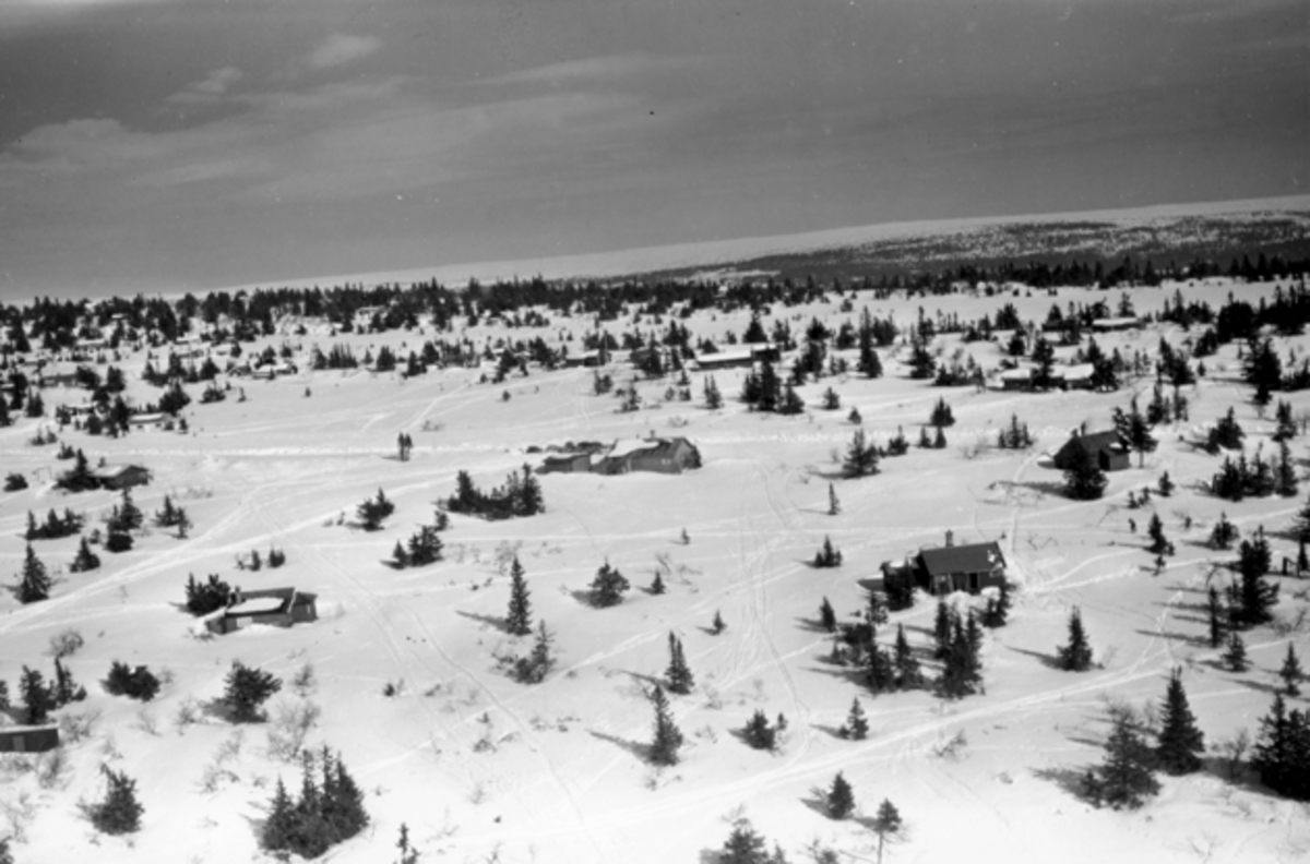 Widerøes Flyveselskap A/S, Flyfoto av bebyggelse i vinterlandskap på Ljøsheim, Ringsaker Almenning.