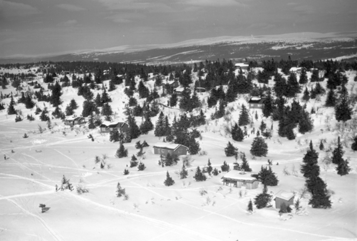 Widerøes Flyveselskap A/S, Flyfoto av bebyggelse i vinterlandskap på Ljøsheim, Ringsaker Almenning.