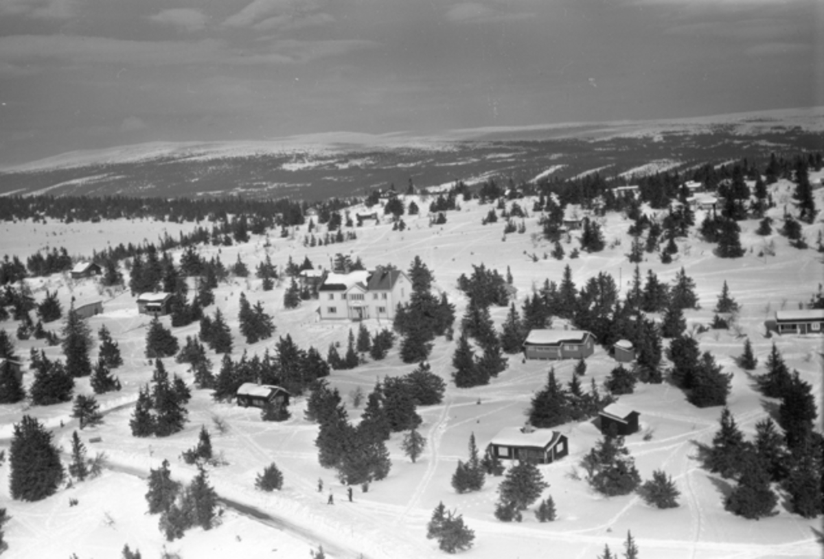 Widerøes Flyveselskap A/S, Flyfoto av bebyggelse i vinterlandskap på Ljøsheim, Ringsaker Almenning.