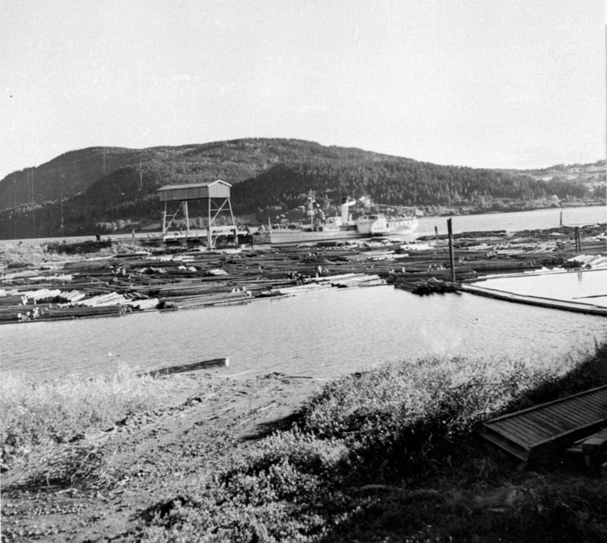 Anno Domkirkeodden, D:.S Skibladner ved Strandsaga, Berger LAngmoen A/S, Brumunddal. Tømmerlager.