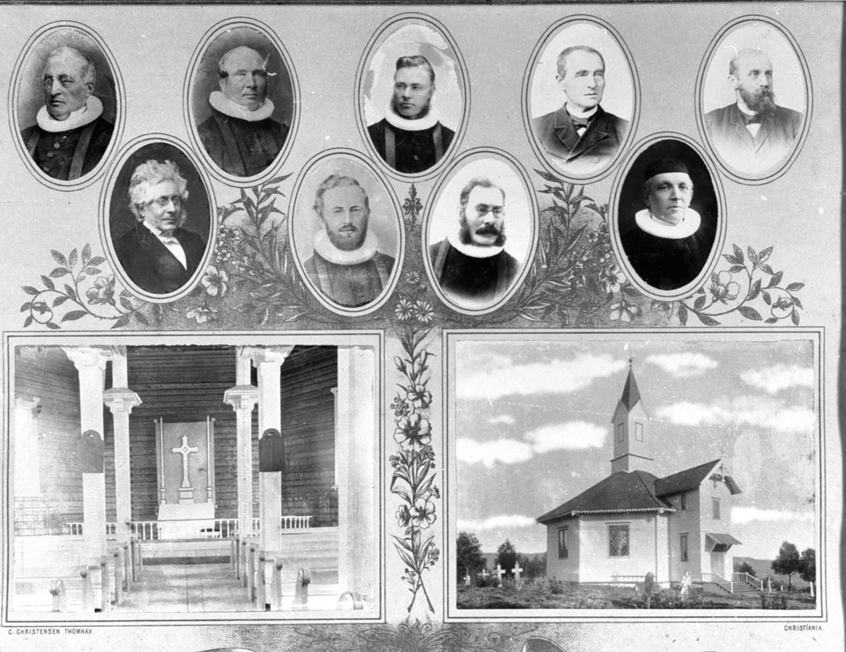Anno Domkirkeodden, Fotomontasje, Åsmarka kirke, Ringsaker. Eksteriør og interiør. Portrett av ni prester.