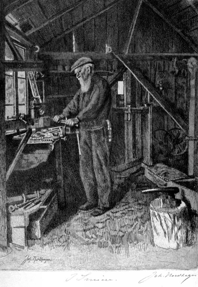 Anno Domkirkeodden, Smed Anders Haugli f.1861 i smia i Bakkerud, Veldre, Ringsaker. Radering av Johan Nordhagen.