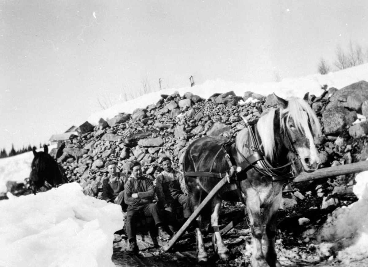 Anno Domkirkeodden, To hester med steinslede ved steinrøya på Lien gård, Åsmarka. Tre menn på sleden. Mathias Åseth, Oskar Sætheren, Sigurd Rudi.