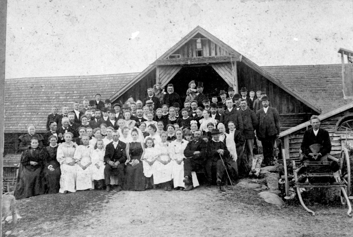 Anno Domkirkeodden, Bryllupsgjester samlet på låvebrua på Øvre Sund, Helgøya i 1897. Brudeparet er Thea Louise (1870-1942) og Halvor Herbrandsen Amb f.1868.