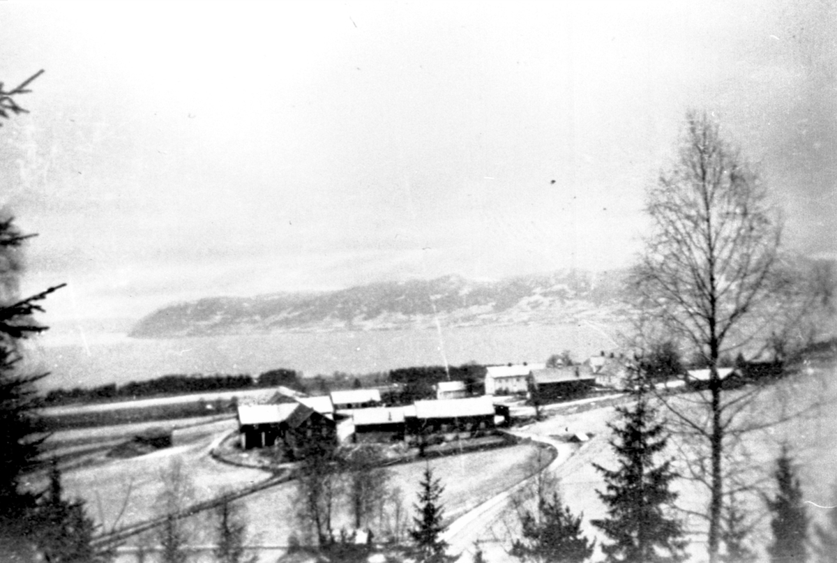 Anno Domkirkeodden, Oversiktsbilde av gardsbygninger på Eik, Helgøya med Mjøsa og Skreia i bakgrunnen.