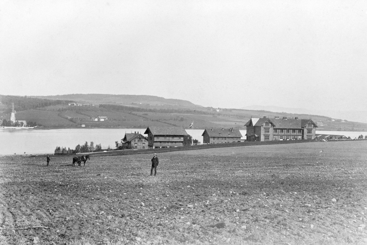 Anno Domkirkeodden, Bygninger på Toftes Gave, Nedre Sund, Helgøya. Internatbygningen, skolebygningen, stabbur og bestyrerbolig. Nes kirke i bakgrunnen.