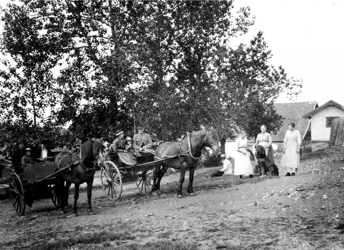 Anno Domkirkeodden, To hester med trille på Heramb, Ringsaker. Folk klare for tur til seters. Til høyre er Agnete Heramb, Ågot Heramb.