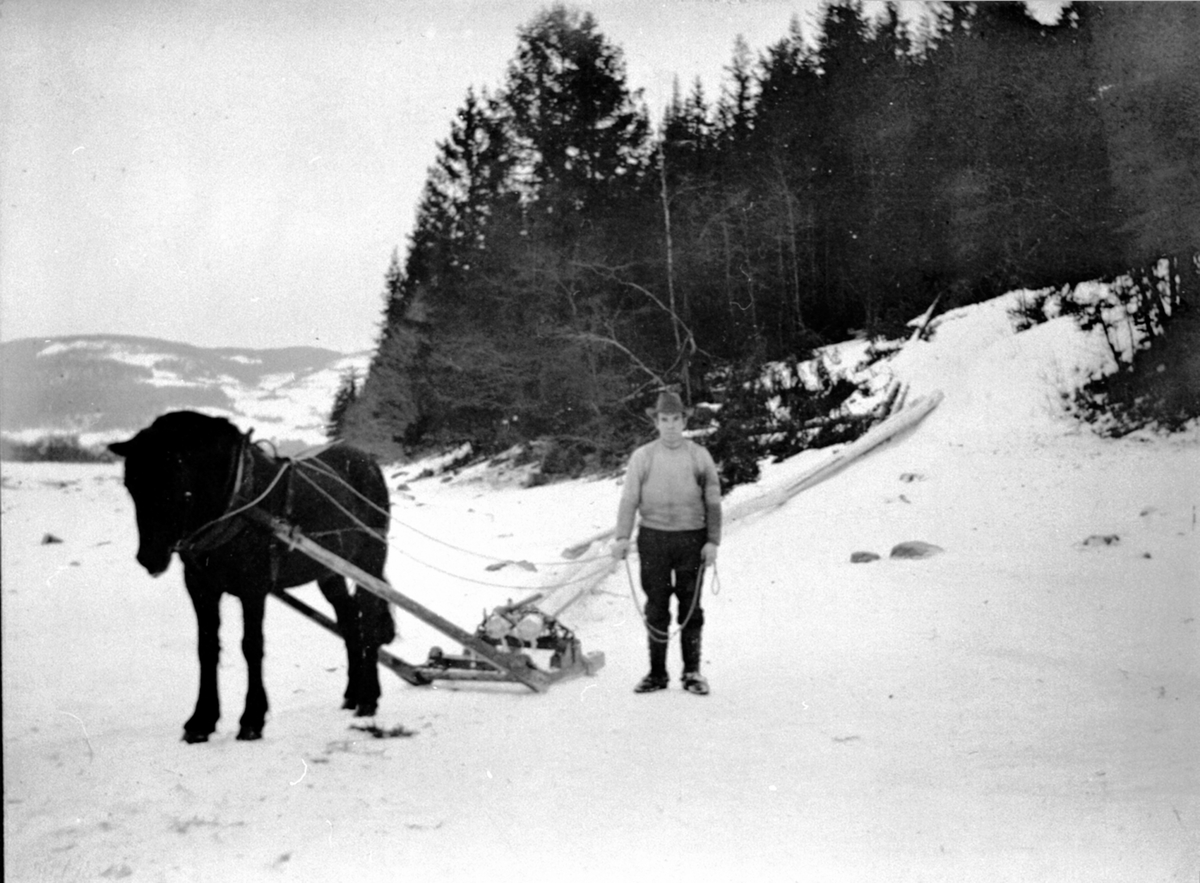 Anno Domkirkeodden, Hest med tømmerlass på vinterføre. O.G. Hermoen er kjørekar. Ulven, Ringsaker.