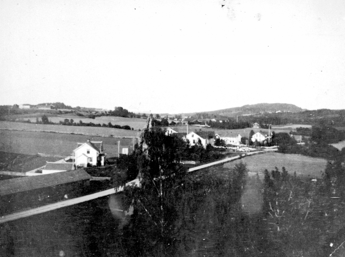 Anno Domkirkeodden, Oversikt, gamle Tingvang, landhandleri, Halvorsengården, Ringsaker. Fotografert fra kirken.