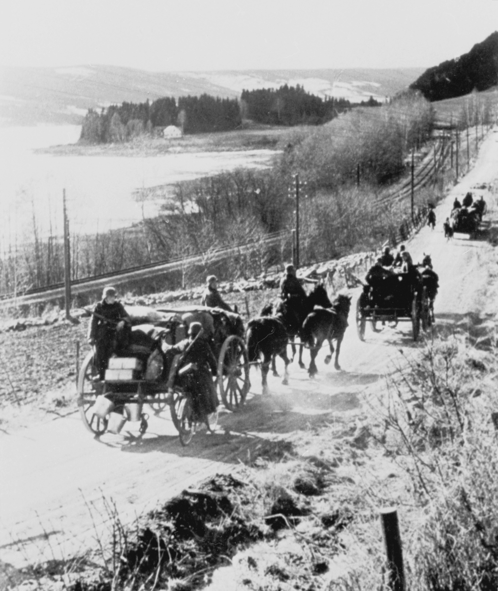 Anno Domkirkeodden, Tyske soldater på fremmarsj gjennom Ringsaker den 23. april 1940. Hester med vogner. Her på riksveg 50 på like ved Freng stasjon på Brøttum.