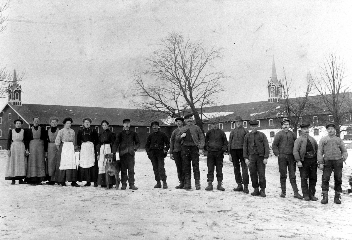 Anno Domkirkeodden, Gruppe arbeidere på Hoel gård, Nes, Hedmark på Karl Kildals tid. Fra venstre er Guri, Ingeborg, Ingeborg, 3 jenter fra Valdres, Gunda Evensen, Inga Leine, bestyrerinne Berte Marie Sendstad, Gjerde, Matias Myrstuen, Nils Olafsen, bestyrer Bernt Evensen, Johan Hovelsrud, Karl Jakobsen, Kristian Krist…