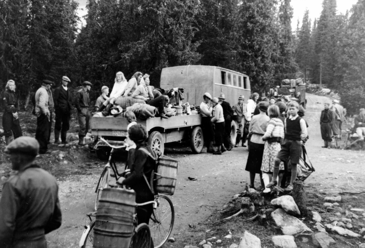 Anno Domkirkeodden, Mange multeplukkere med trebutter og ryggsekker ved Gammelskolla seter, lastebil med utstyr, Ringsakerfjellet.