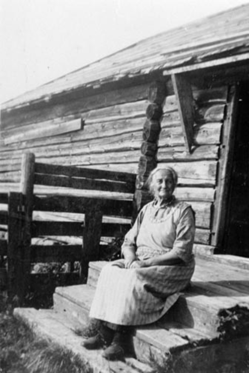 Anno Domkirkeodden, Seterbudeie Anne Berg på trappa til størhuset, Kisesetra, Løvlia, Ringsakerfjellet.