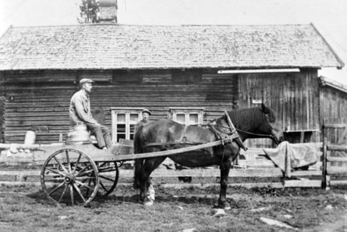 Anno Domkirkeodden, Eksteriør. Aursmoen seter i Ringsaker Almenning. Einar Linnerud (1899-1969) kjører melk med hest og vogn. Ousdal nedre sin seter.