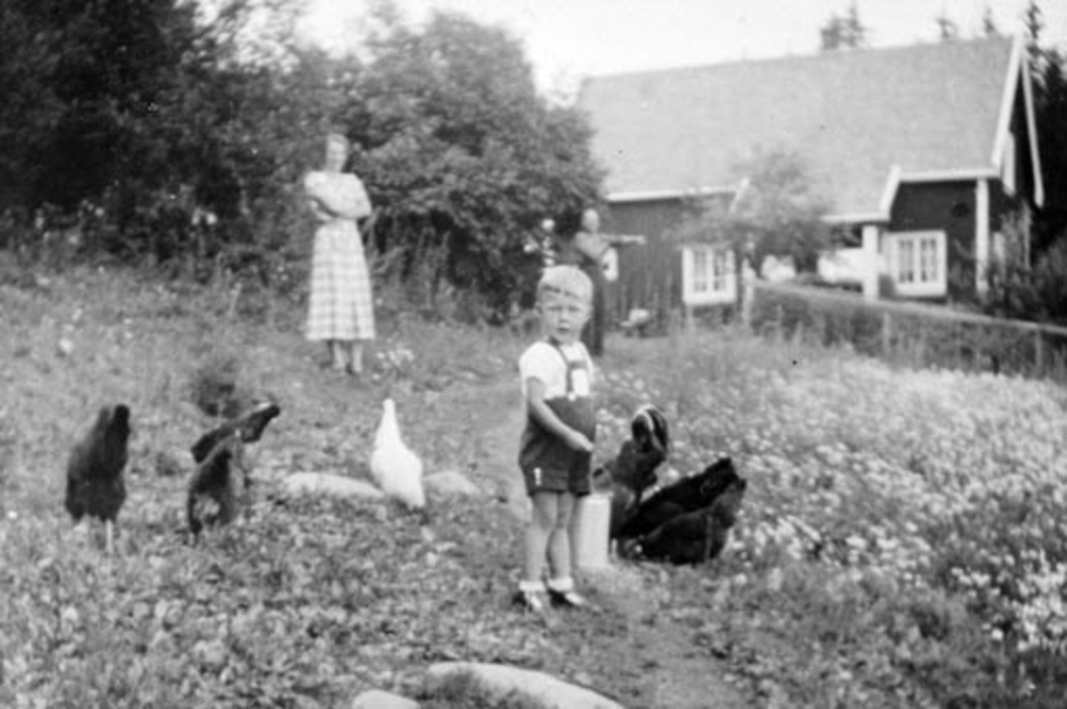 Anno Domkirkeodden, Eksteriør, husmannsplassen Nordgrefsheim, Nes, Hedmark. Foran er Willy Stolpestad (barnebarn), Birgit (datter), Ludvig Johansen.