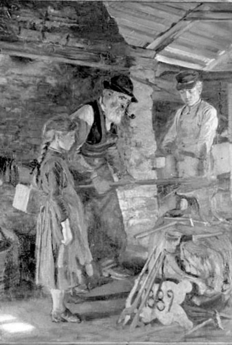 Anno Domkirkeodden, Maleri av den svenske kunstmaler Tørner. Interiør fra gardssmia på Mølstad. Jenta er Petra Mølstad (1877-1960), smed Anders Sveaborg, Otto Andersen Tamburstuen.