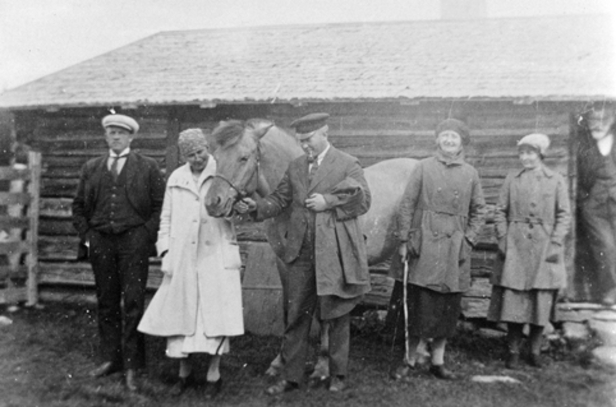 Anno Domkirkeodden, Fjelltur. Seks personer med hest foran størhus. Fra venstre er Johansen, fru Johansen, Tingelstad, Kristine Langmyhr, Kari Tingelstad, ukjent. Bjønnåsen, Ringsaker Almenning.