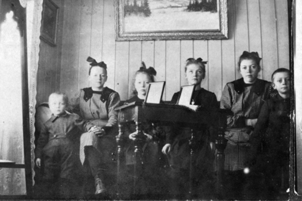 Anno Domkirkeodden, Søsknene Jovall på Mørkved lille, Brumunddal. Fra venstre er Gunnar, Helga, Astrid, Ester, Paula, og Sigurd Jovall.