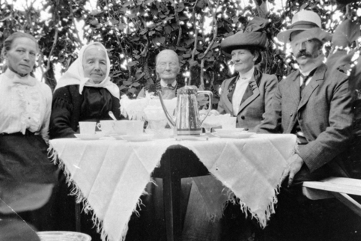 Anno Domkirkeodden, Kaffeselskap i hagen, Høisveen, Furnes, Ringsaker, dekket kaffebord. Marie Evenstad, Marie Høisveen, ukjent, ukjent, Ole N. Høisveen.
