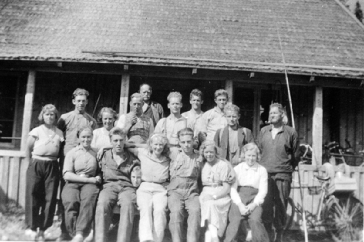 Anno Domkirkeodden, Høljamyra torvfabrikk , Furnes Almenning. Torvdrift i Høljamyra startet i 1934. Gruppe kvinner og menn arbeider i torvmyra.