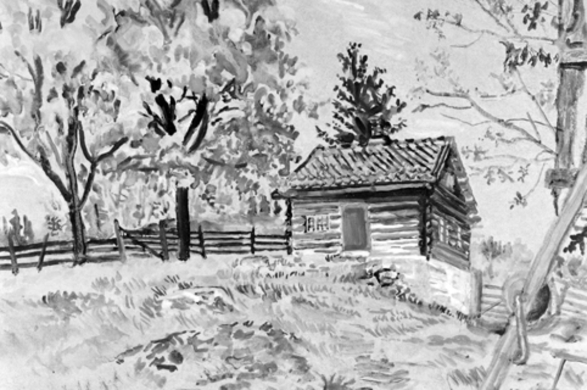 Anno Domkirkeodden, Eksteriør, husmannsplass, Nerbakken under Mæhlum, Brøttum, Ringsaker. Akvarell.