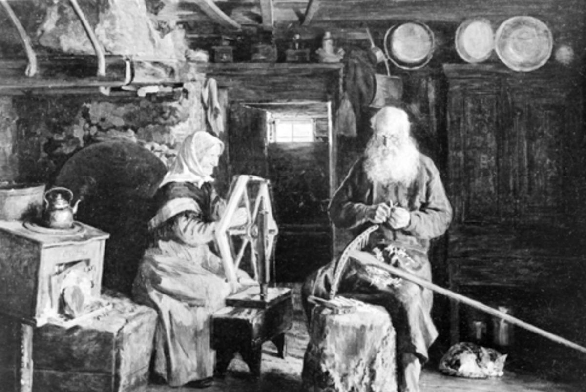 Anno Domkirkeodden, Interiør, hos Agnethe og Nils Stapperud, 1913. Radering av Johan Nordhagen, Veldre, Ringsaker.