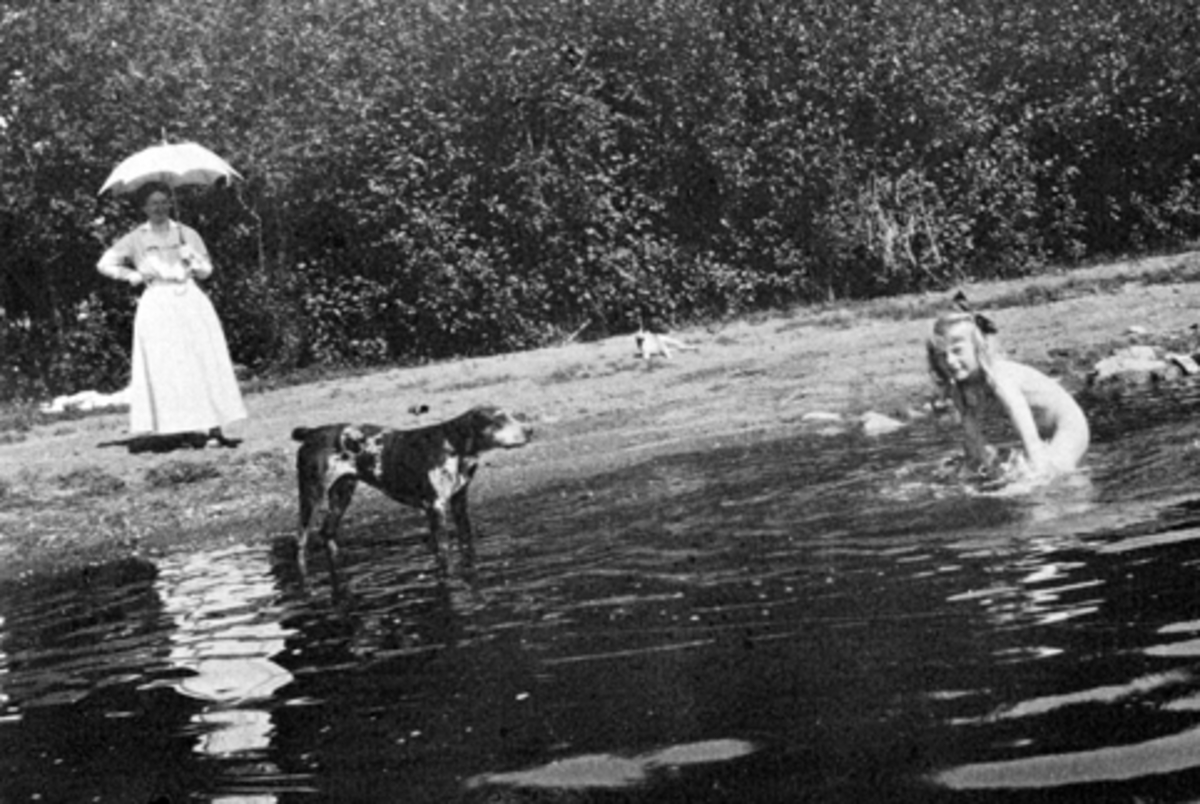 Anno Domkirkeodden, Margrethe Louise Kildal (Babs) f.1911 bader i Mjøsa. Hunden Peik ser på. Ukjent kvinne passer på. Hoel gård, Nes, Hedmark.