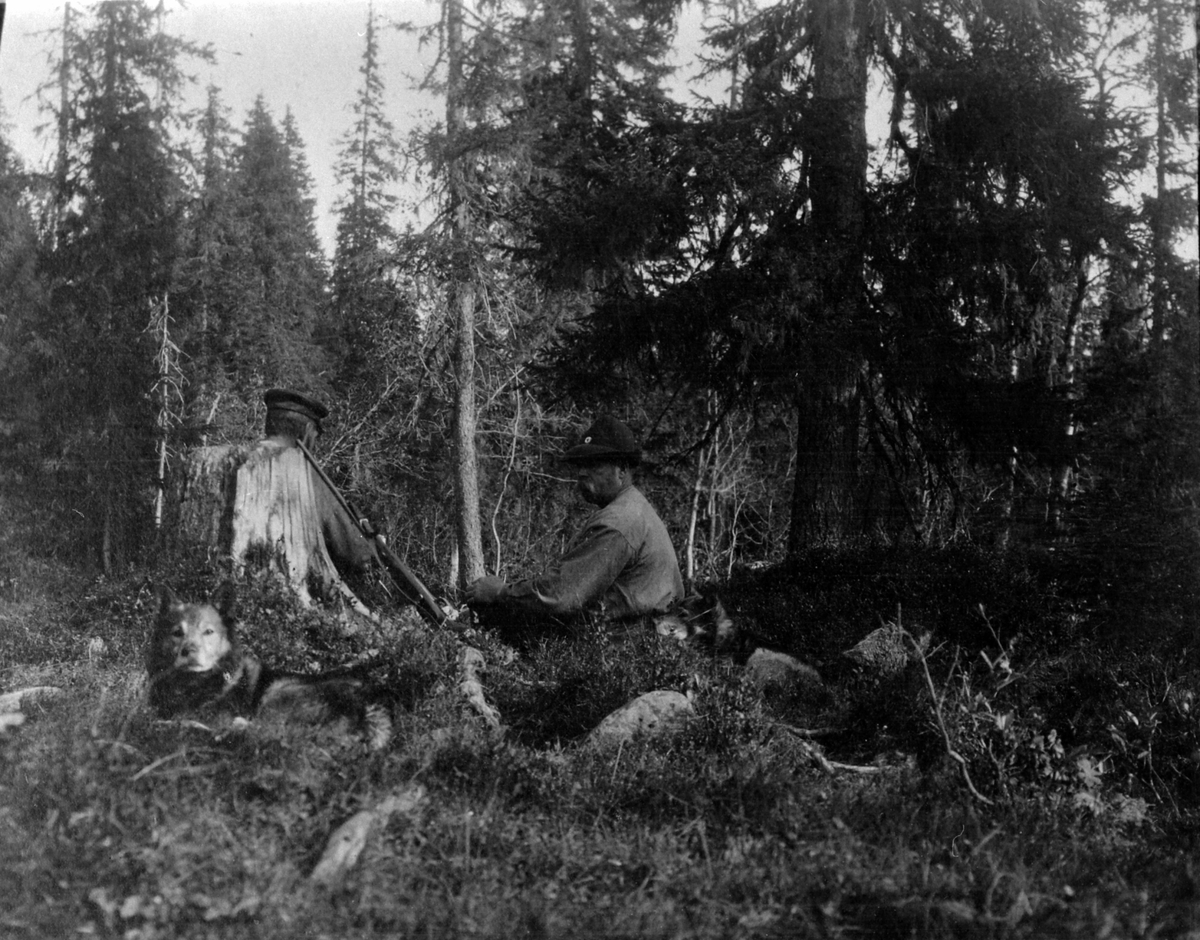Anno Domkirkeodden, To elgejegere med elghund og gevær i skogen, til høyre er Thore Lien. Ringsaker.