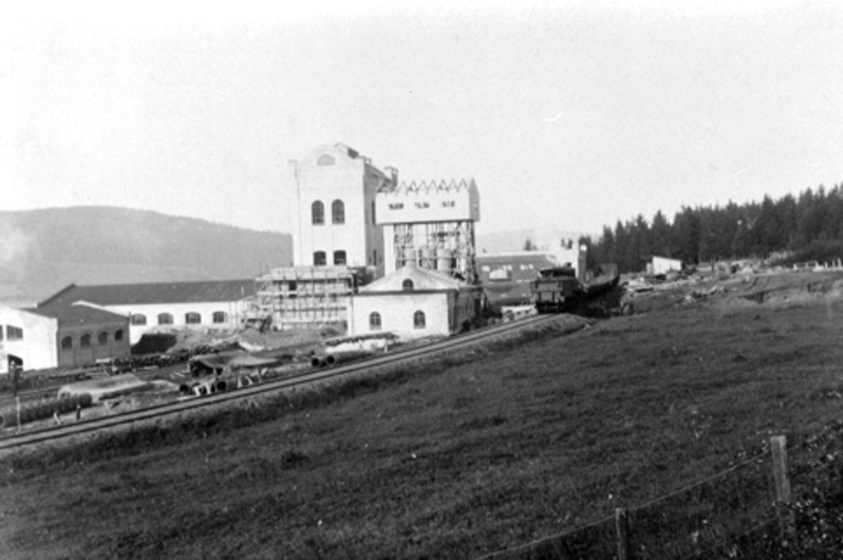 Anno Domkirkeodden, Moelven Cellulosefabrikk, jernbane, damplokomotiv på sidespor. Ca. 1908-1909.