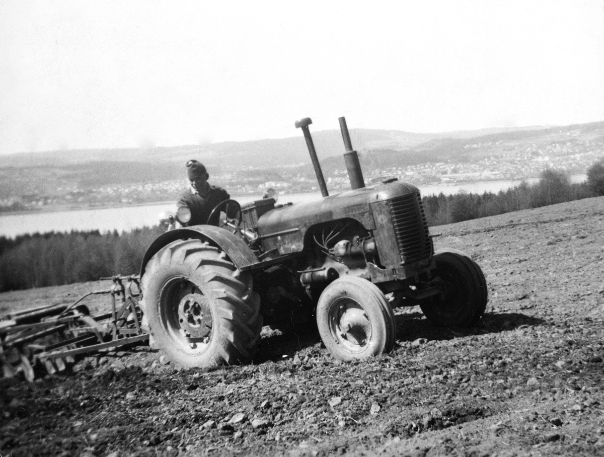 Anno Domkirkeodden, Skålharving med traktor på Faugli, Ringsaker. I bakgrunn er Mjøsa og Gjøvik. Gardskar Bjørn Harald på Case traktor.