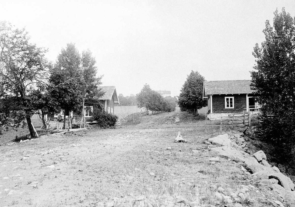 Anno Domkirkeodden, Fabrikkstuene på Hoel gard, Nes, Hedmark. Bygd før 1875 nede ved stranda. Alle opp mot gården.