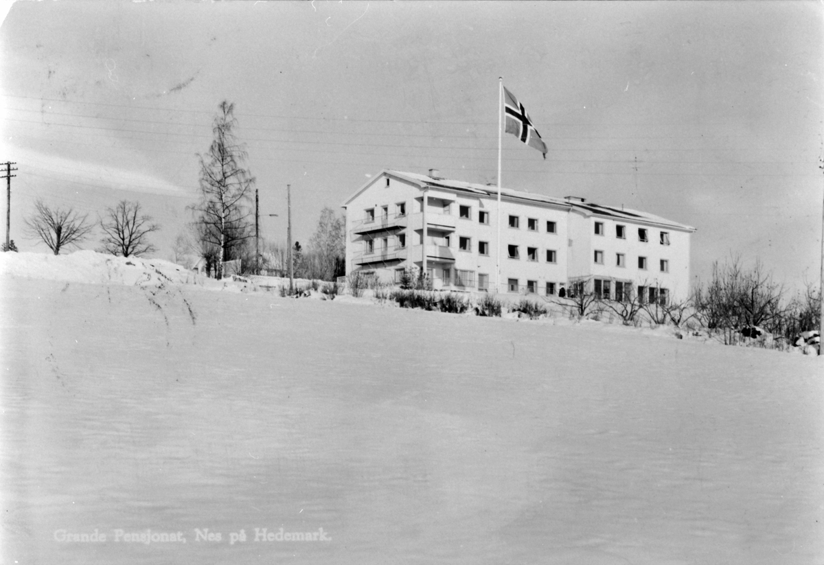 Anno Domkirkeodden, Flagg på Grande Pensjonat, senere Grande Rekreasjonsheim, Nes, Hedmark. Vinter.