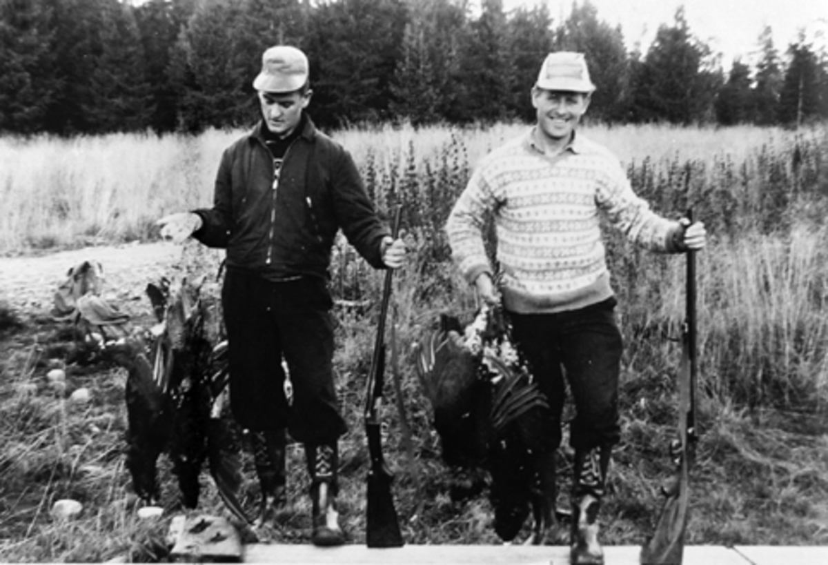 Anno Domkirkeodden, Odd og Arne Hegglund på skogsfugljakt ved Elvstua i Furnes Almenning i 1961.