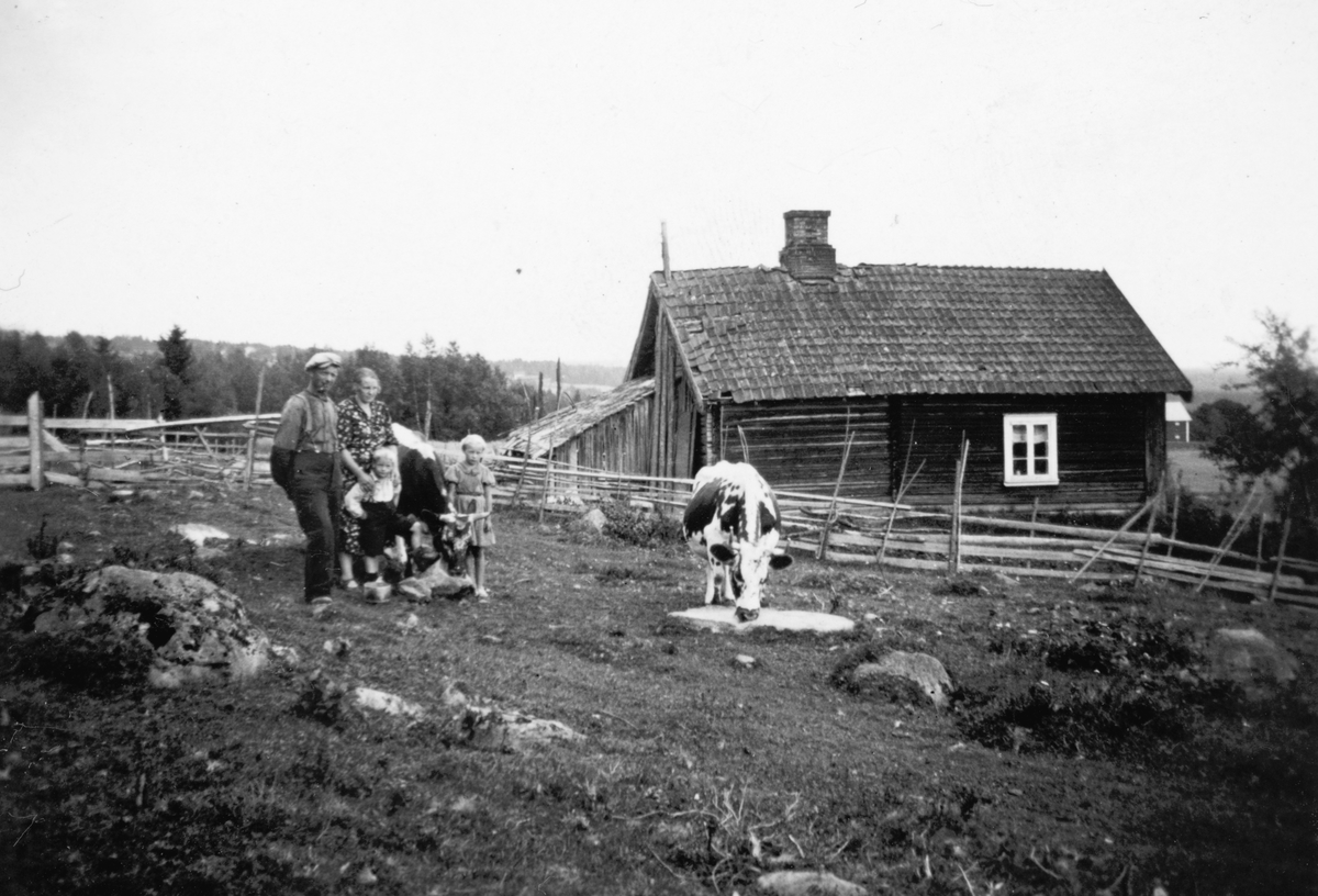 Anno Domkirkeodden, Hangen, Furnes. Husmannsplass 10. 08. 1939. Bilde av Martin (1899-1973) og Magnhild (1906-1992) Thorleifsen, sammen med barna Anny (f. 1931) og Mikael (1933-1987). Bilde er tatt utenfor stuebygningen på husmannsplassen Hangen i Furnesåsen. Der var de var husmannsfolk inntil de fikk kjøpt nabobruket…