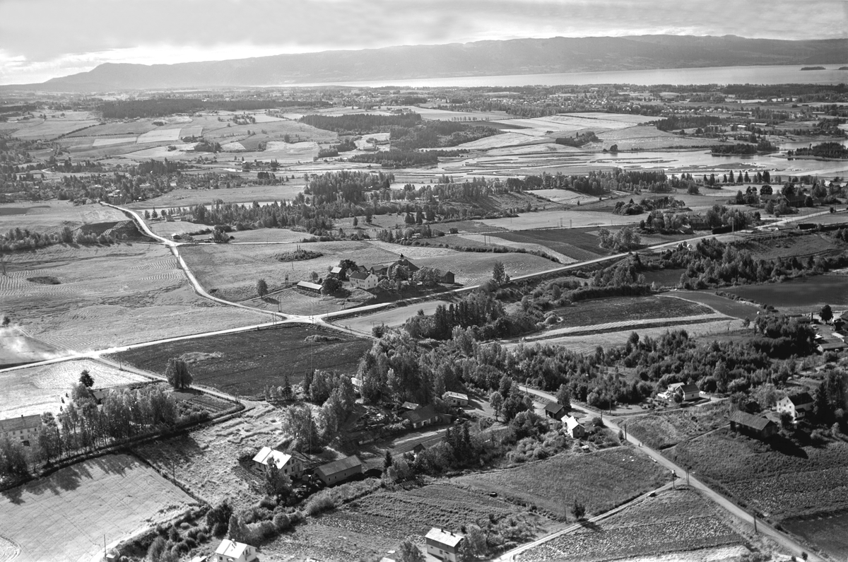 Widerøes Flyveselskap A/S, FLYFOTO, STOR OVERSIKT, JORBRUKSLANDSKAP, VIDARSHOV, VANG BRENNERI, RIKSVEG 25