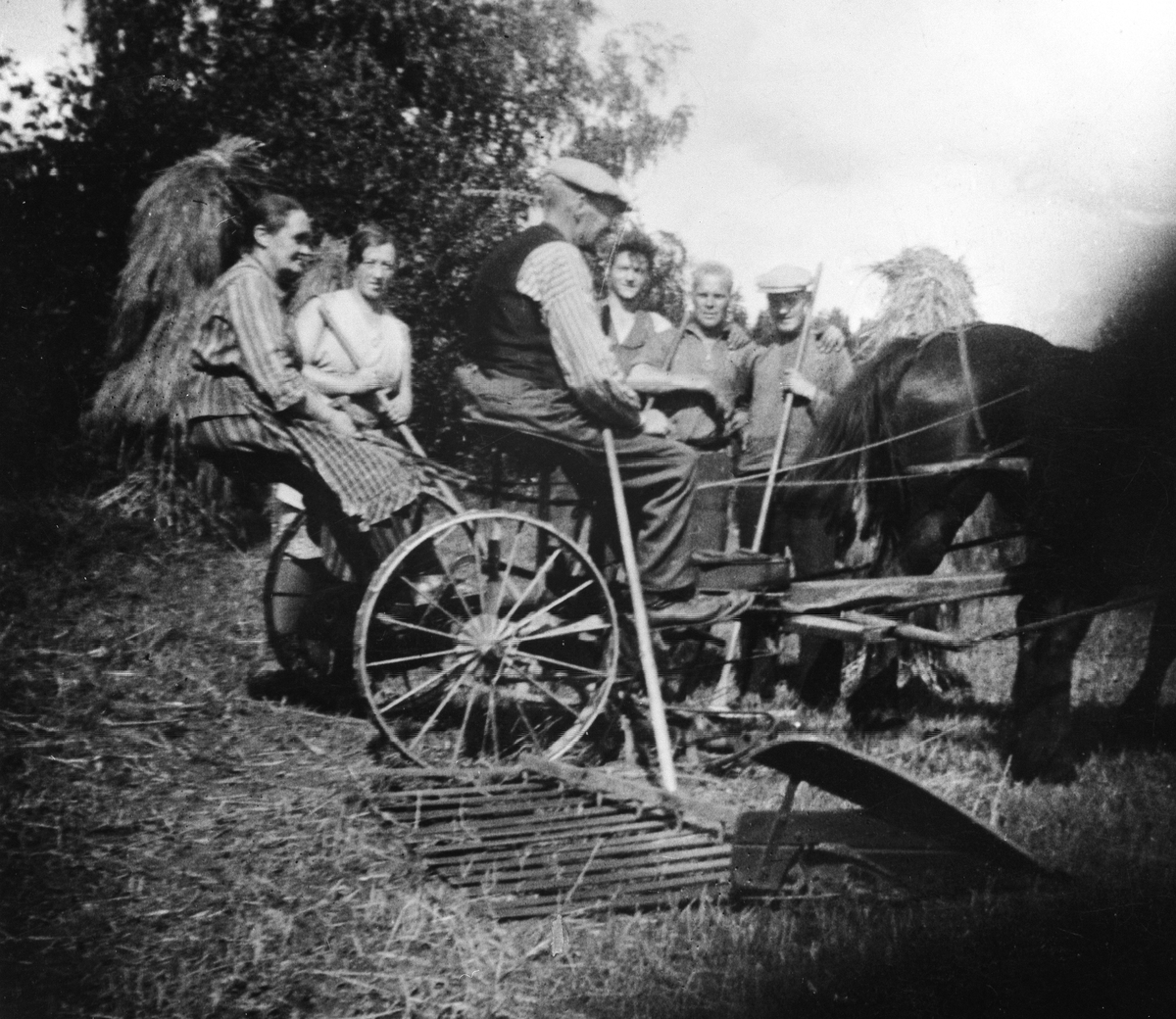 Anno Domkirkeodden, SKURONN, GUNDA OG SYVER PÅ SLÅMASKINA MED HÅNDAVLEGGER, BAK: KORNBINDER OLE NARMO, KRISTIAN ANTONSEN, INGVAR JOHANSEN, FRK. DALSENGBAKKEN, NARMO NEDRE