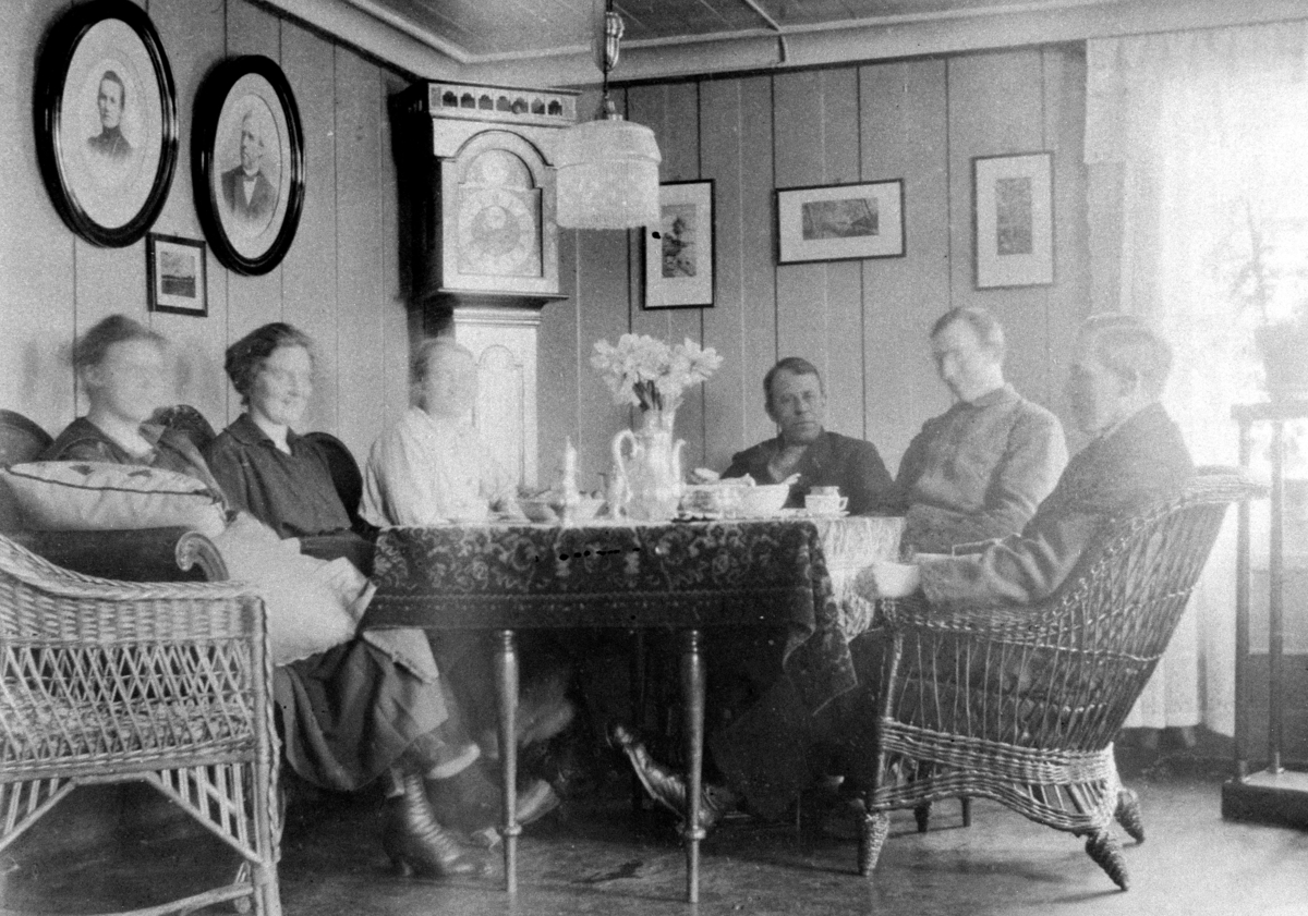 Anno Domkirkeodden, INTERIØR: ØSTRE STUE, GRUPPE: 6 RUNDT KAFFEBORDET, FOTOGRAFIER, GULVKLOKKE, KURVSTOLER, ÅLSTAD GÅRD