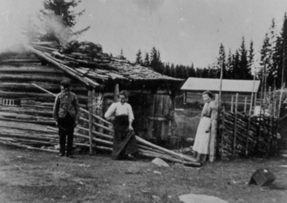 Anno Domkirkeodden, EKSTERIØR: VELTSETRA, MÆHLUMSVOLLEN SETER, GRUPPE: 3 FRA VENSTRE: SLETVOLD, ENGEBRET, DATTER LILLEHAGEN, OLINE G. , , SLETVOLD, RANDI FØDT:MÆHLUM.