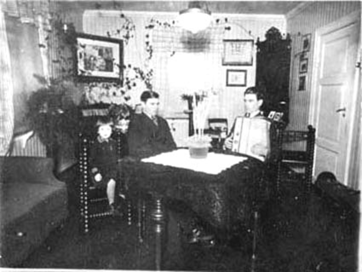 Anno Domkirkeodden, INTERIØR: STUE, SKOGLY UNDER SANDERUD, GRUPPE: 3 VED BORD: ÅSE NORDSTAD, MARTIN NORDSTAD, HALVOR NORDSTAD MED TREKKSPILL, OTTESTAD,
