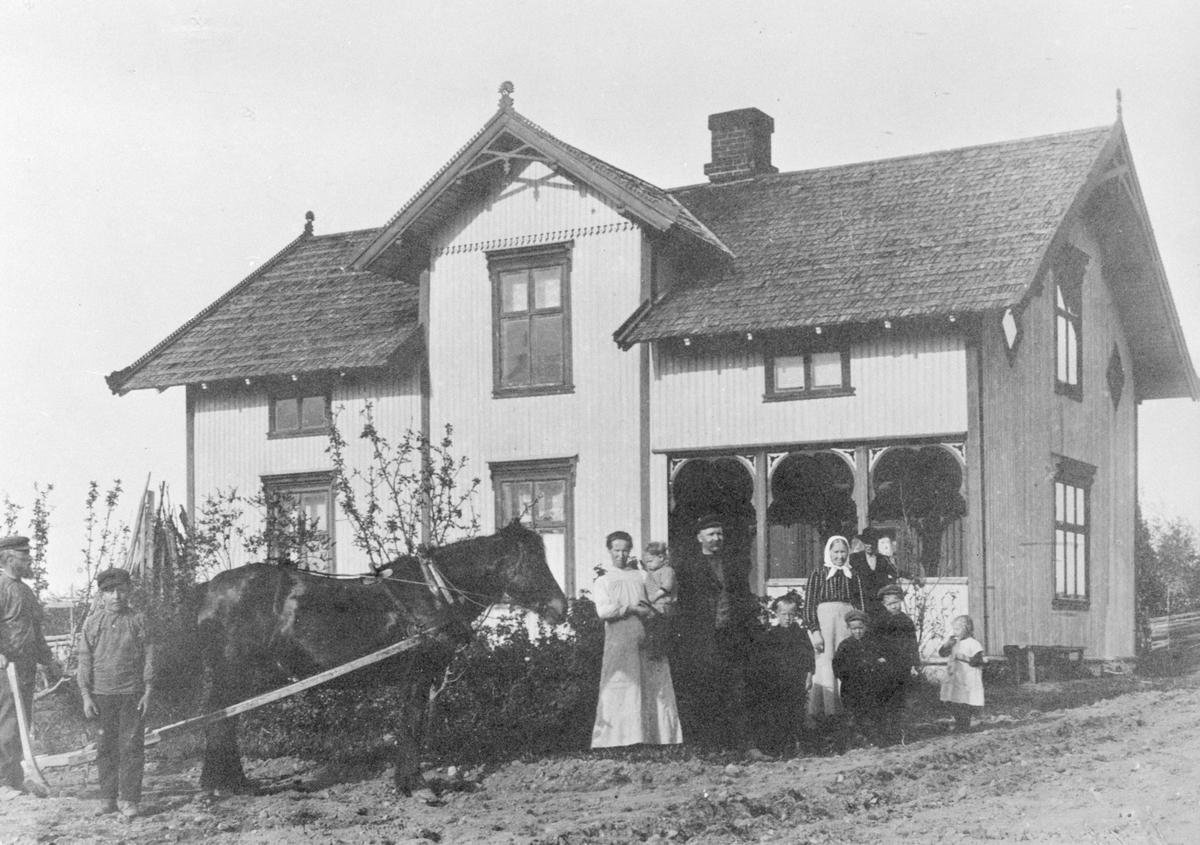 Anno Domkirkeodden, EKSTERIØR: GARDSBRUK, HOVEDBYGNINGEN JØNSBERG NORDRE, GRUPPE: 11 FORAN, VED HESTEN: LARS SANGEN, LUDVIG SANGEN, OTTINE FURULUND MED OVE PÅ ARMEN, MARTIN NIC. FURULUND, GUNVAR FURULUND, MARTIN FURULUND, OLUF FURULUND, OLAVA FURULUND, BAK: ANNE HOLT, THEODOR TENÅSEN,