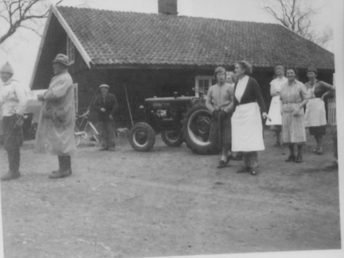 Normann Helger, GRUPPE: 8, MANN MED PLASTIKREGNFRAKK, 3 MENN, 5 DAMER, TRAKTOR, NØTTESTAD, , DUGNAD ETTER BRANN, FRA VENSTRE: LARS ALHAUG, JOHN ALHAUG, , ONKEL, OLE, ANNE BERG, ELISABETH. , KARSTEN OG KARI.