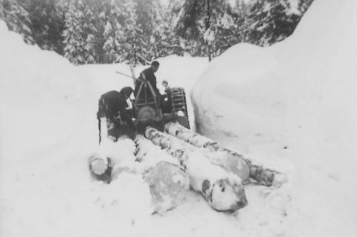 Normann Helger, TØMMERKJØRING, TØMMERLUNNING MED TRAKTOR, VINTER, NØTTESTAD NORDRE, OTTESTAD,