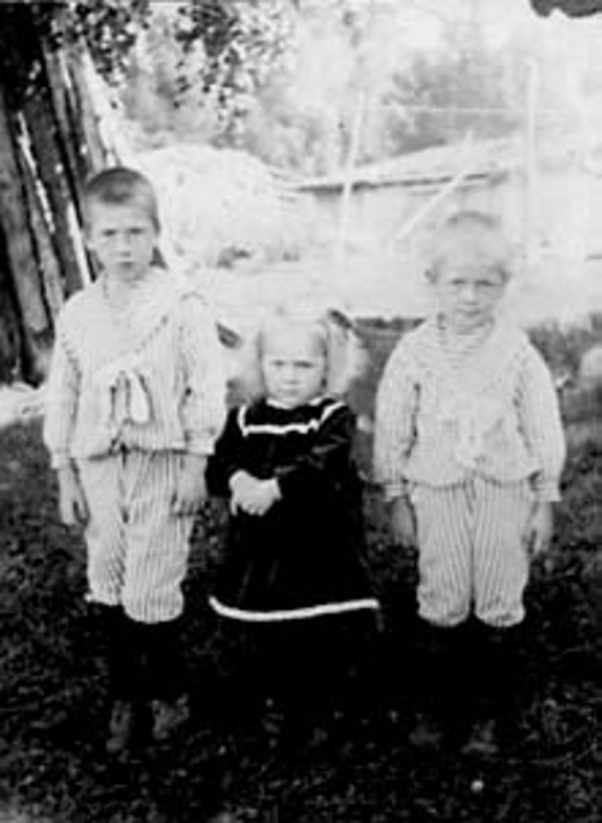 Anno Domkirkeodden, GRUPPE: 3 BARN I FINKLÆR, FRA VENSTRE: SVERRE LØVSTAD FØDT: 1904, KIRSTEN LØVSTAD FØDT: 1907, OLAV LØVSTAD FØDT: 1905, ESPA