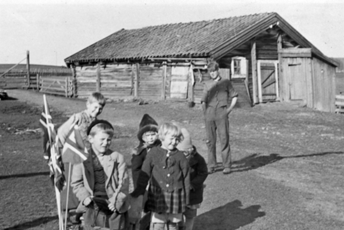 Anno Domkirkeodden, UTHUS GARD I STANGE, FRIGJØRINGEN, 2. VERDENSKRIG 8. 5. 1945, FREDSFEIRING, ANNAR OG ODD KJELL SKJEGSTAD, DE ØVRIGE UKJENTE BARN, NORSKE FLAGG