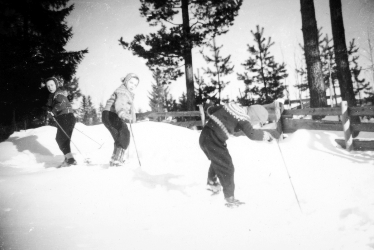 Ukjent, Bjørg Hestnes, Aud Olsen, Verner Liberg. Ca. 1958. Skibakke, barn på ski preparerer skiløype.