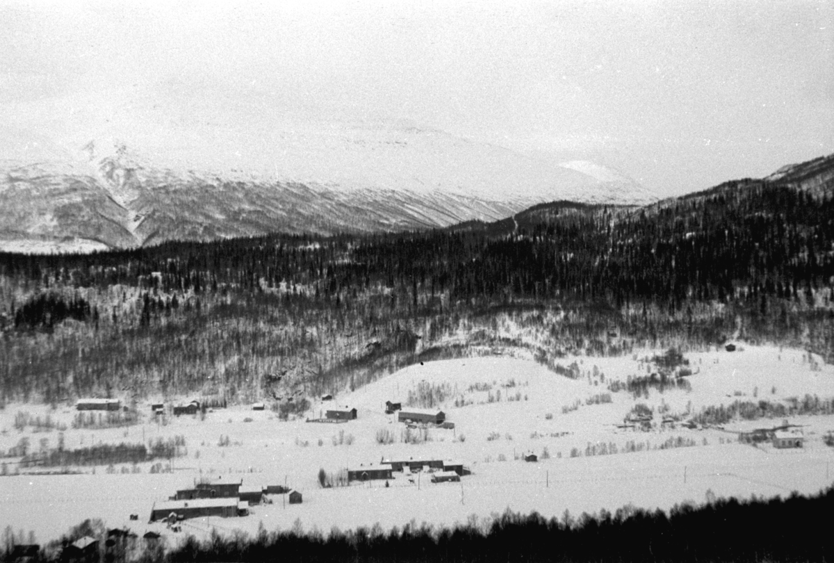 Adolf Skjegstad, NORGES STATSBANER, NORDLANDSBANEN, Utsikt fra Nordlandsbanen 8. desember 1947 mellom Dunderland og Hjartåsen stasjoner. I bakrunnen sees gårdene på Bjøllånes, fødestedet til Nordlandsbanen´s " far " - læreren og presten Ole Tobias Olsen. Foto tatt fra åpningstoget til Lønsdal.